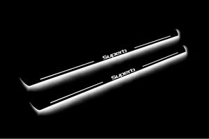 Illuminated LED Door Sill Tread Plates Skoda SuperB II 2008-2015 With SuperB Logo Skoda Led Door Sills opdesign