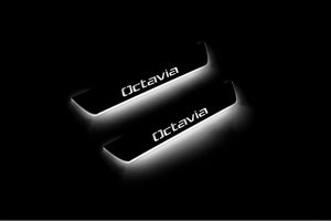 Illuminated LED Door Sill Tread Plates Skoda Octavia II (A5) 2004-2013 With Octavia Logo Skoda Led Door Sills opdesign