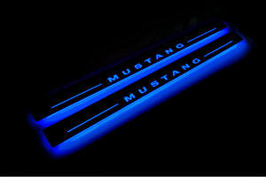 Illuminated LED Door Sill Tread Plates Ford Mustang VI 2015-2023 With Mustang Logo Ford Led Door Sills opdesign