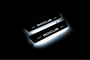 Illuminated LED Door Sill Tread Plates Nissan Rogue II 2014-2020 With Rogue Logo Nissan Led Door Sills opdesign