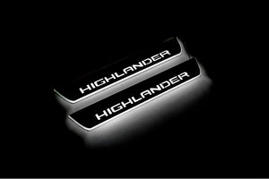 Illuminated LED Door Sill Tread Plates Toyota Highlander IV 2019+ With Highlander Logo Toyota Led Door Sills opdesign