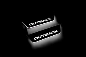Illuminated LED Door Sill Tread Plates Subaru Outback VI 2019+ With Outback Logo Subaru Led Door Sills opdesign