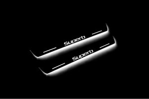 Illuminated LED Door Sill Tread Plates Skoda SuperB II 2008-2015 With SuperB Logo Skoda Led Door Sills opdesign