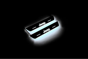 Illuminated LED Door Sill Tread Plates Jeep Grand Cherokee III 2005-2010 With Grand Cherokee Logo Jeep Led Door Sills opdesign