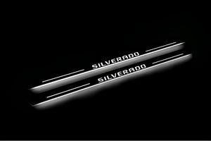 Illuminated LED Door Sill Tread Plates Chevrolet Silverado III 2014-2019 With Silverado Logo Chevrolet Led Door Sills opdesign
