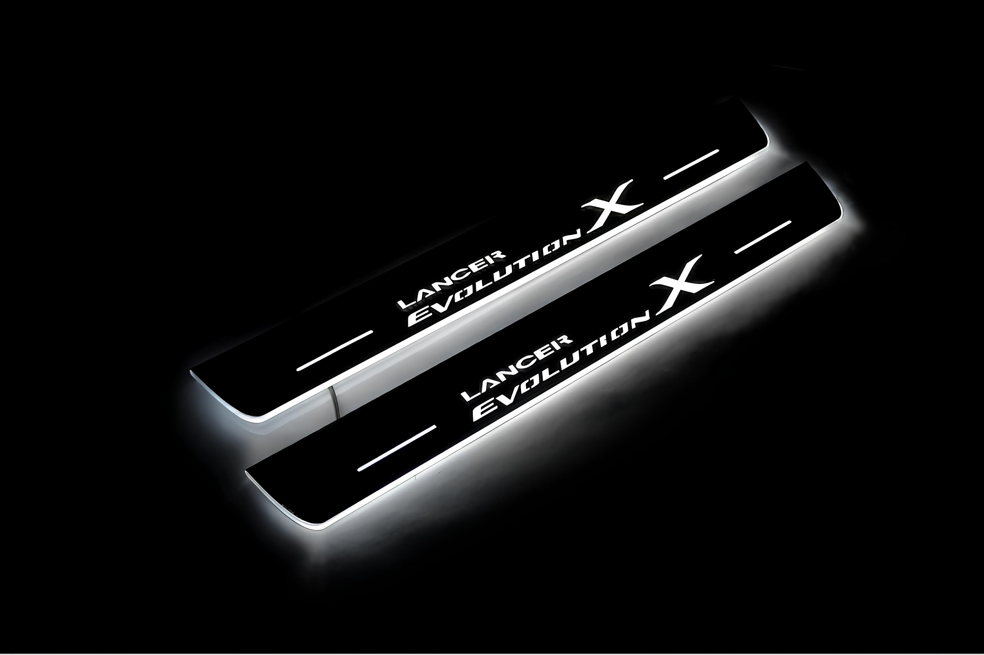 Illuminated LED Door Sill Tread Plates Mitsubishi Lancer Evolution X 2007-2016 With Lancer Evolution X Logo Mitsubishi Led Door Sills opdesign