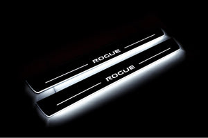 Illuminated LED Door Sill Tread Plates Nissan Rogue II 2014-2020 With Rogue Logo Nissan Led Door Sills opdesign