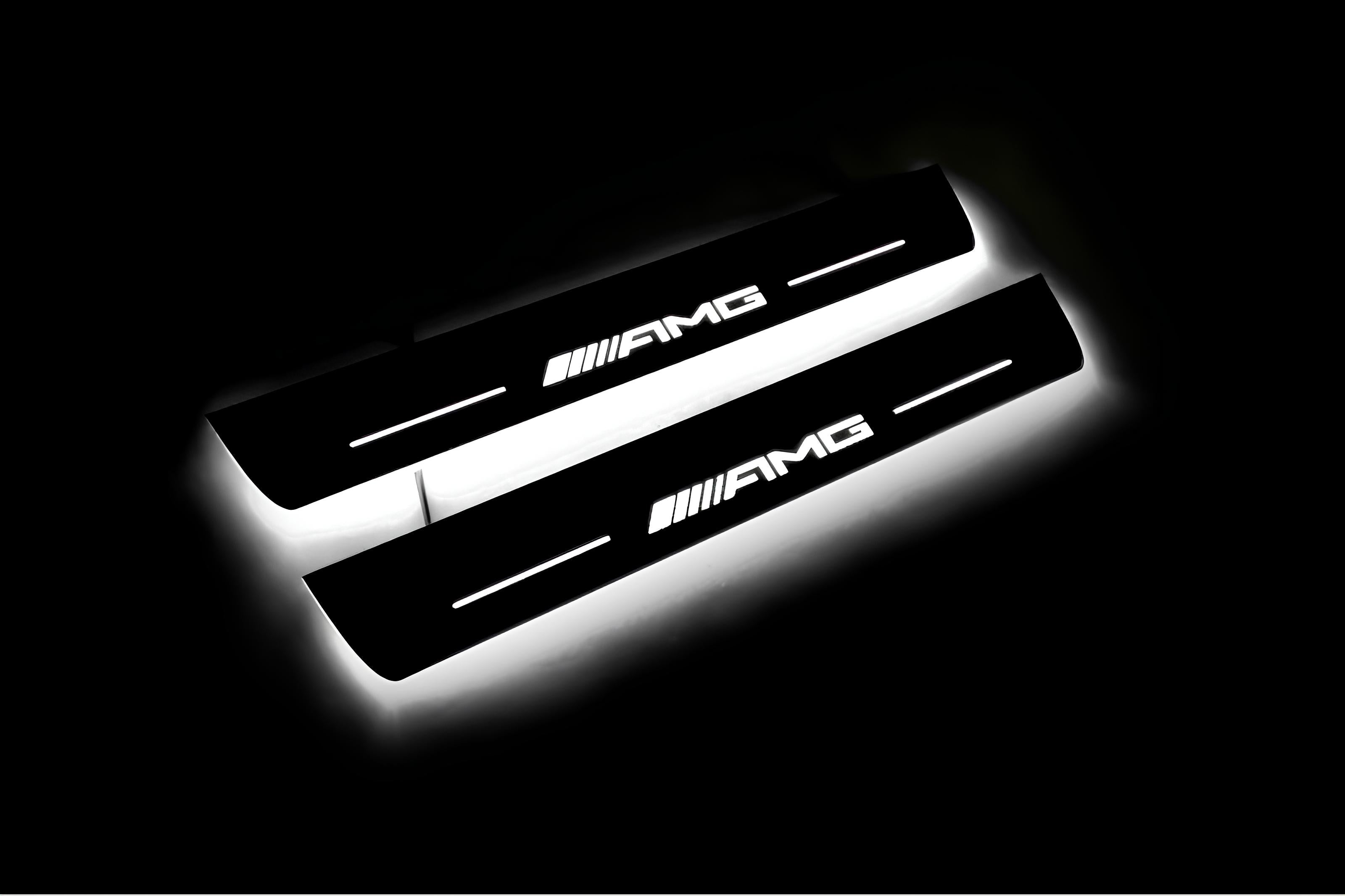 Illuminated LED Door Sill Tread Plates Mercedes E W213 2016-2023 With AMG Logo Mercedes Led Door Sills opdesign