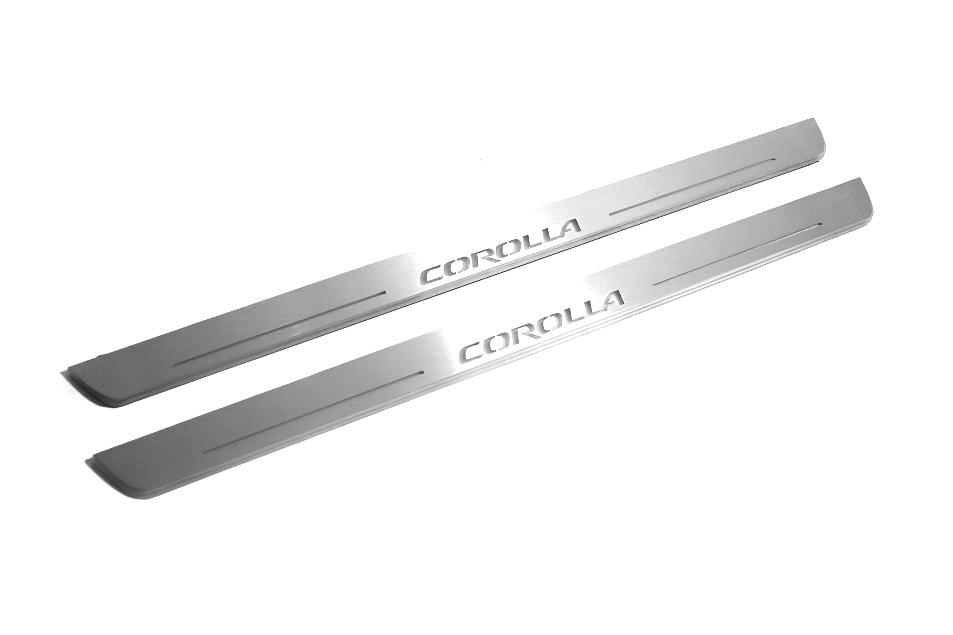 Illuminated LED Door Sill Tread Plates Toyota Corolla XI 2013-2019 With Corolla Logo Toyota Led Door Sills opdesign