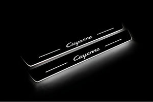 Illuminated LED Door Sill Tread Plates Porsche Cayenne II 2010-2017 With Cayenne Logo Porsche Led Door Sills opdesign