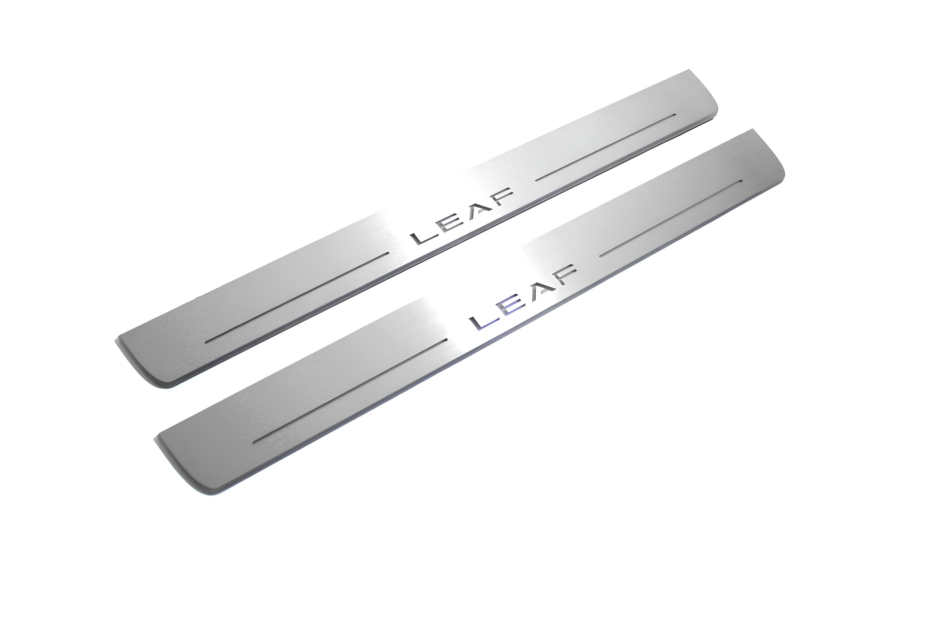 Illuminated LED Door Sill Tread Plates Nissan Leaf II 2017+ With Leaf Logo Nissan Led Door Sills opdesign