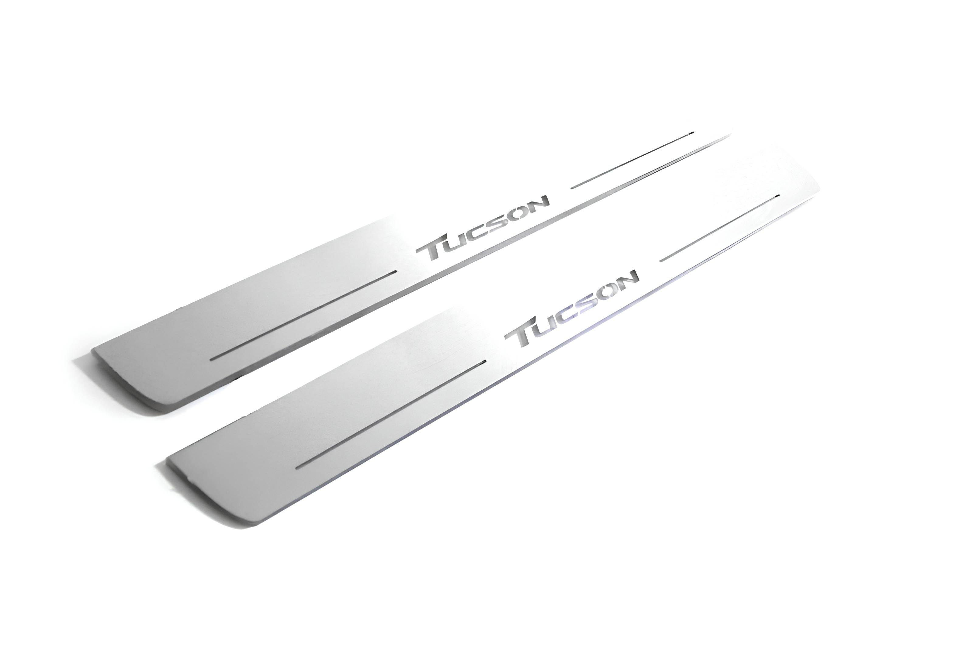 Illuminated LED Door Sill Tread Plates Hyundai Tucson II 2015-2020 With Tucson Logo Hyundai Led Door Sills opdesign
