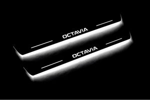 Illuminated LED Door Sill Tread Plates Skoda Octavia IV (A8) 2020+ With Octavia Logo Skoda Led Door Sills opdesign
