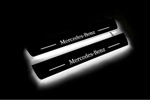 Illuminated LED Door Sill Tread Plates Mercedes E W213 2016-2023 With Mercedes-Benz Logo Mercedes Led Door Sills opdesign