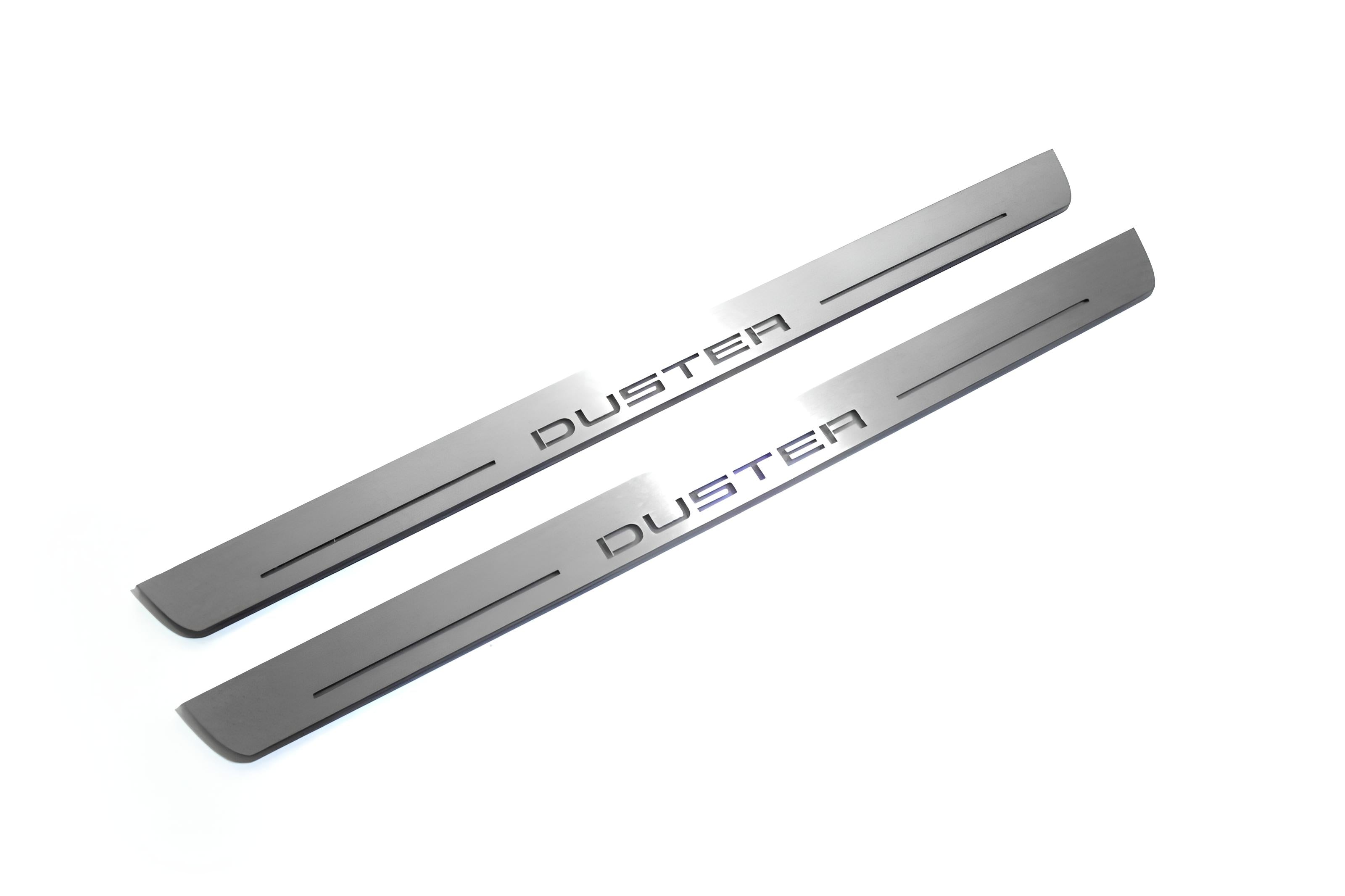 Illuminated LED Door Sill Tread Plates Renault Duster I 2010-2018 With Duster Logo Renault Led Door Sills opdesign