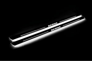 Illuminated LED Door Sill Tread Plates Dodge Challenger 2008-2023 With DEMON Logo Dodge Led Door Sills opdesign