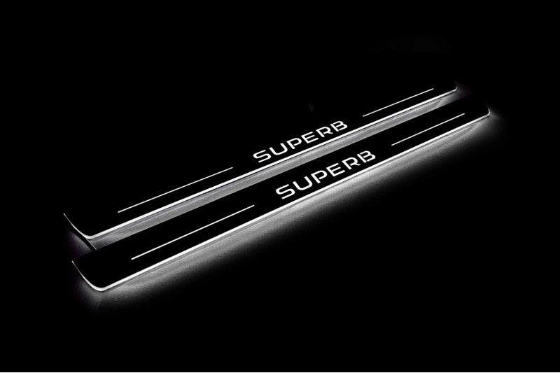 Skoda SuperB III 2015-2023 LED Door Sills Illuminated Scuff SuperB Logo Stainless Steel Entry Guards Door Sills opdesign