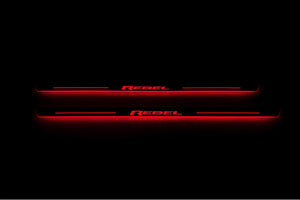 Illuminated LED Door Sill Tread Plates Dodge RAM 2500 V 2019+ With REBEL Logo Dodge Led Door Sills opdesign