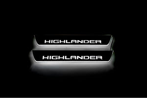 Illuminated LED Door Sill Tread Plates Toyota Highlander IV 2019+ With Highlander Logo Toyota Led Door Sills opdesign