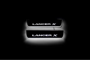 Illuminated LED Door Sill Tread Plates Mitsubishi Lancer X 2007-2017 With Lancer X Logo Mitsubishi Led Door Sills opdesign