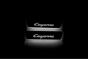 Illuminated LED Door Sill Tread Plates Porsche Cayenne II 2010-2017 With Cayenne Logo Porsche Led Door Sills opdesign
