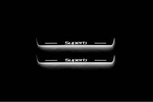 Illuminated LED Door Sill Tread Plates Skoda SuperB II 2008-2015 With SuperB Logo Skoda Led Door Sills opdesign