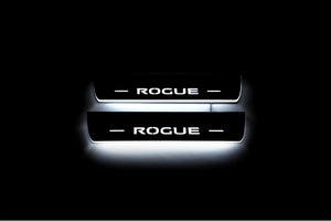 Illuminated LED Door Sill Tread Plates Nissan Rogue II 2014-2020 With Rogue Logo Nissan Led Door Sills opdesign