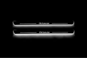 Illuminated LED Door Sill Tread Plates Skoda Octavia II (A5) 2004-2013 With Octavia Logo Skoda Led Door Sills opdesign