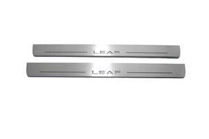 Illuminated LED Door Sill Tread Plates Nissan Leaf II 2017+ With Leaf Logo Nissan Led Door Sills opdesign