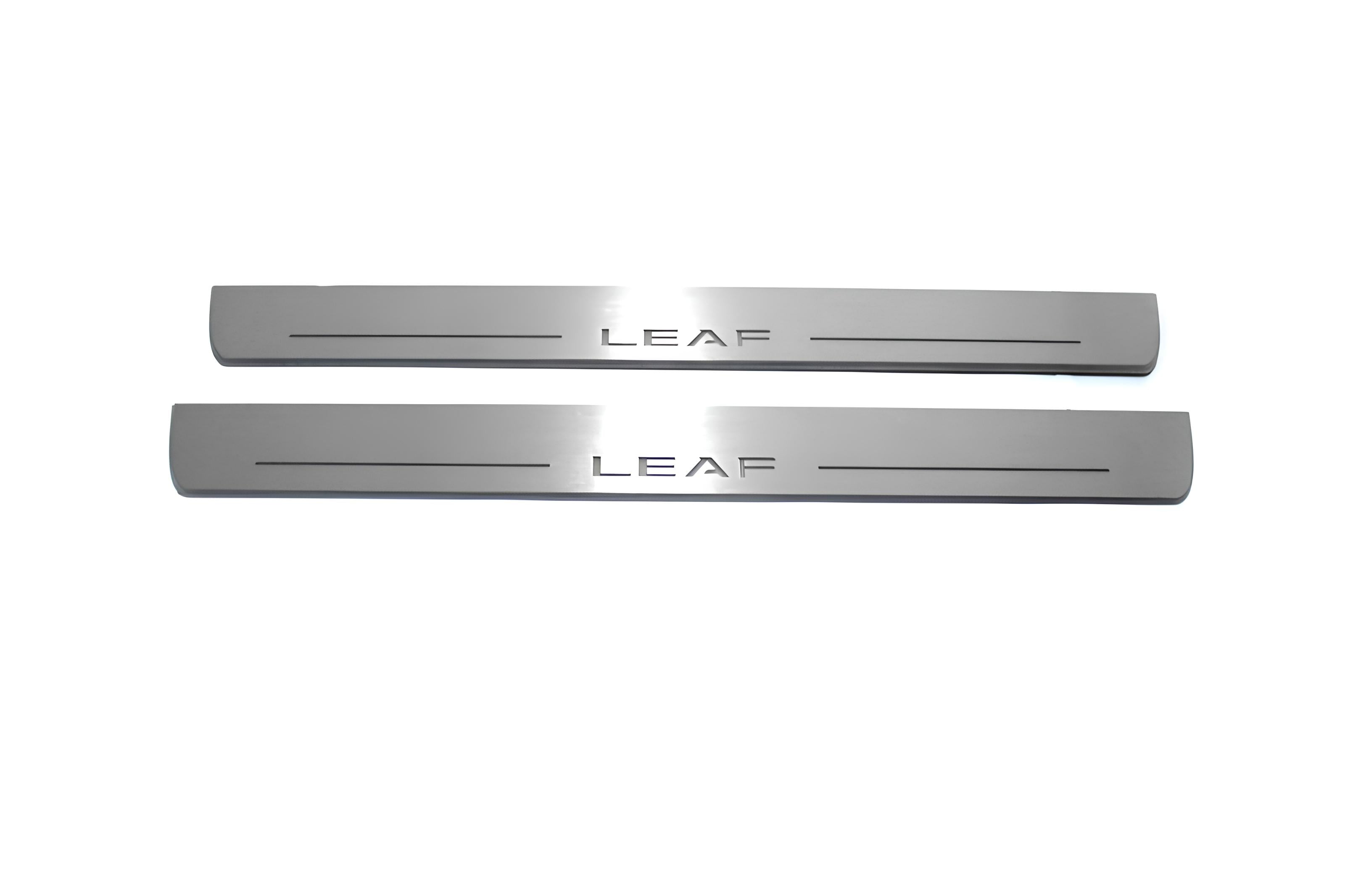 Illuminated LED Door Sill Tread Plates Nissan Leaf II 2017+ With Leaf Logo Nissan Led Door Sills opdesign