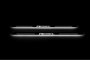 Illuminated LED Door Sill Tread Plates Dodge RAM 2500 V 2019+ With REBEL Logo Dodge Led Door Sills opdesign