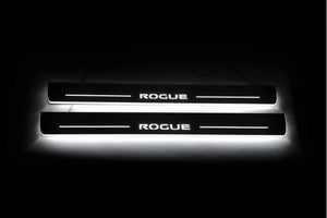 Illuminated LED Door Sill Tread Plates Nissan Rogue II 2014-2020 With Rogue Logo Nissan Led Door Sills opdesign