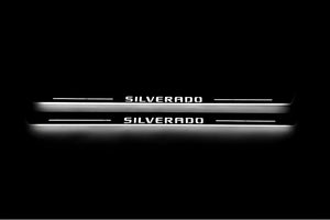 Illuminated LED Door Sill Tread Plates Chevrolet Silverado III 2014-2019 With Silverado Logo Chevrolet Led Door Sills opdesign