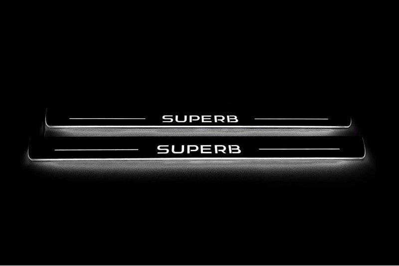 Skoda SuperB III 2015-2023 LED Door Sills Illuminated Scuff SuperB Logo Stainless Steel Entry Guards Door Sills opdesign