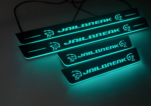 Illuminated LED Door Sill Tread Plates Dodge Charger 2011-2023 With JAILBREAK Logo Dodge Led Door Sills opdesign BLUE FRONT+REAR STAINLESS STEEL