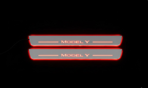 Illuminated LED Door Sill Tread Plates Tesla Model Y 2020+ With Model Y Logo Tesla Led Door Sills opdesign