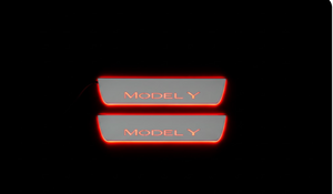Illuminated LED Door Sill Tread Plates Tesla Model Y 2020+ With Model Y Logo Tesla Led Door Sills opdesign