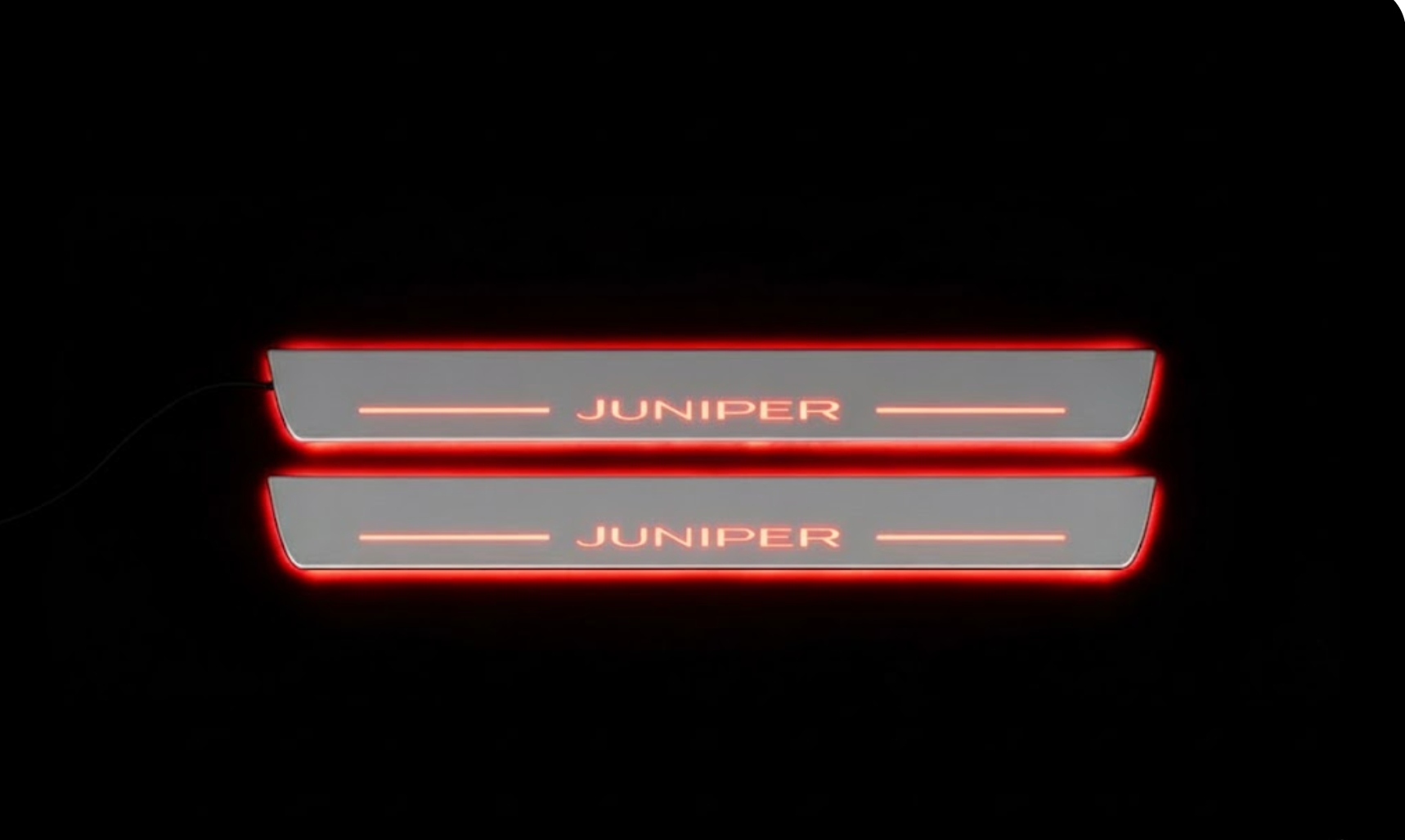 Illuminated LED Door Sill Tread Plates Tesla Model Y Juniper 2025+ With Juniper Logo Tesla Led Door Sills opdesign