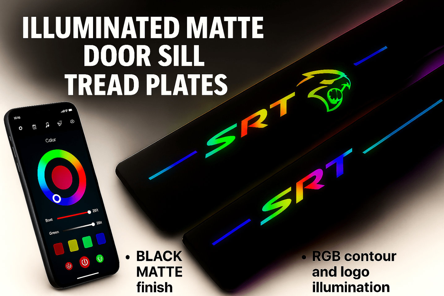 Illuminated matte door sill tread plates with RGB lighting and smartphone control.