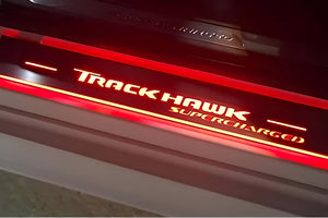 Illuminated LED Door Sill Tread Plates Jeep Grand Cherokee IV 2010-2021 With TrackHawk Supercharged Logo Jeep Led Door Sills opdesign