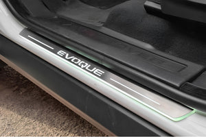 Illuminated LED Door Sill Tread Plates Range Rover Evoque I With Evoque Logo Range Rover Led Door Sills opdesign
