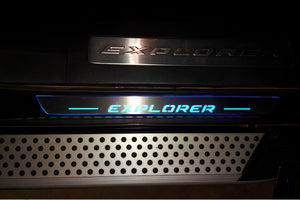 Illuminated LED Door Sill Tread Plates Ford Explorer V 2011-2019 With Explorer Logo Ford Led Door Sills opdesign