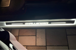 Illuminated LED Door Sill Tread Plates Dodge Challenger 2008-2023 With Challenger Logo Dodge Led Door Sills opdesign
