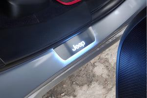 Illuminated LED Door Sill Tread Plates Jeep Grand Cherokee IV 2010-2021 With Jeep Logo Jeep Led Door Sills opdesign