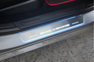 Illuminated LED Door Sill Tread Plates Jeep Grand Cherokee IV 2010-2021 With Grand Cherokee Logo Jeep Led Door Sills opdesign