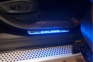 Illuminated LED Door Sill Tread Plates Ford Explorer V 2011-2019 With Explorer Logo Ford Led Door Sills opdesign