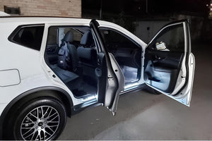 Illuminated LED Door Sill Tread Plates Nissan Rogue II 2014-2020 With Rogue Logo Nissan Led Door Sills opdesign
