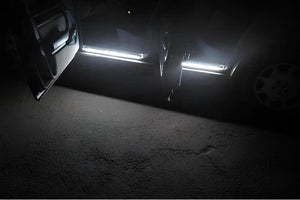 Illuminated LED Door Sill Tread Plates Mercedes E W124 1985-1996 With Mercedes-Benz Logo Mercedes Led Door Sills opdesign