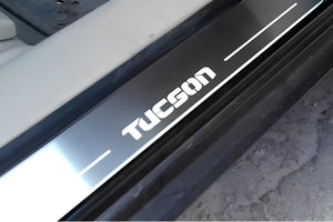 Illuminated LED Door Sill Tread Plates Hyundai Tucson I 2004-2015 With Tucson Logo Hyundai Led Door Sills opdesign