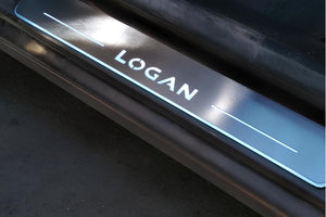 Illuminated LED Door Sill Tread Plates Renault Logan II 2013-2020 With Logan Logo Renault Led Door Sills opdesign